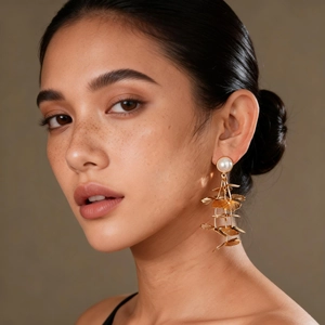 Detailed view of long gold multi-layer leaf earrings with pearls on model