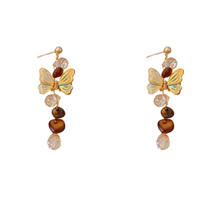 Vintage gold butterfly earrings with iridescent shell tassels and faceted beads