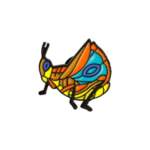 Detailed enamel cicada insect brooch with vibrant orange and blue wings and metal alloy base