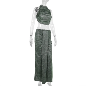 Deep green cowl neck crop top and high waist maxi skirt set with shimmering texture