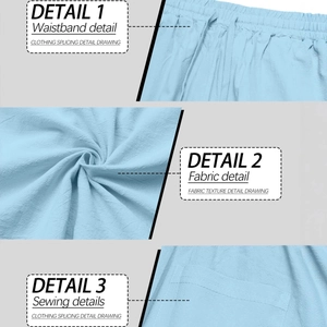 Breathable cotton linen men wide leg pants in light blue showing waist and fabric details