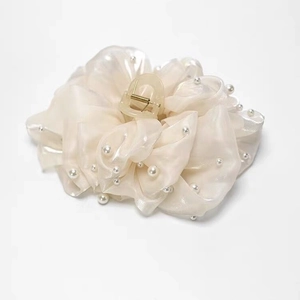 Elegant beige mesh flower hair claw clip with pearls for voluminous hair styling