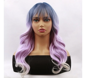 Detail of long wavy synthetic wig with ombre blue to purple and grey gradient color