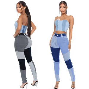 Jeans Patchwork Da Donna A Vita Alta Slim Fit Elasticizzati Pantaloni In Denim Color Block Streetwear