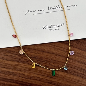 Rainbow cubic zirconia 14K gold plated necklace with colorful gemstone pendants