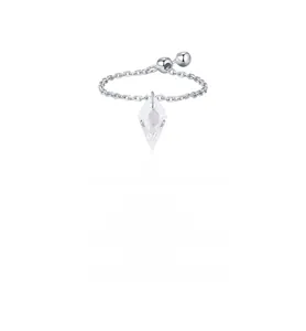 Macro view of sterling silver chain ring with a sparkling clear rhombus crystal pendant