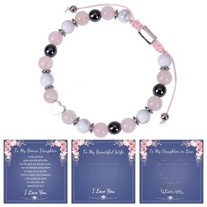 Pink quartz stone bracelet with heart pendant and three emotional gift cards for family