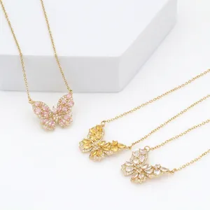 Elegant butterfly pendant necklace with colorful zircon stones on a gold O-link chain