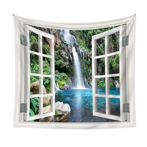 Detail of 3D window view tapestry showing a waterfall and lush greenery landscape