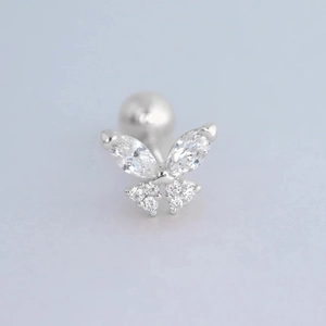 S925 sterling silver butterfly screw back stud earring with marquise and round cubic zirconia