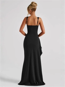 Elegant black backless evening dress with thin straps and a slim-fit mermaid slit silhouette