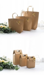 Kraft paper gift bags and boxes in three sizes for elegant gift packaging presentation
