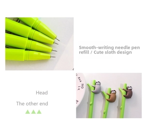 Macro detail of needle point tip and green bamboo stem on cute sloth gel pens