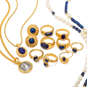 Vintage gold jewelry set with lapis lazuli stones and coin pendant necklaces