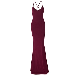 Detail of burgundy backless maxi dress featuring crisscross lace-up straps and slim fit