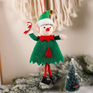 Christmas elf doll ornament with bell and candy cane for holiday tree decoration