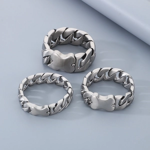Three minimalist silver frosted Cuban chain rings in stainless steel for men's fashion
