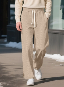 Detailed cable knit texture and contrast drawstring on beige casual straight-leg pants