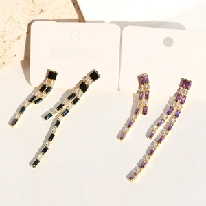 Elegant long tassel earrings with black and purple colorful zircon on gold plating