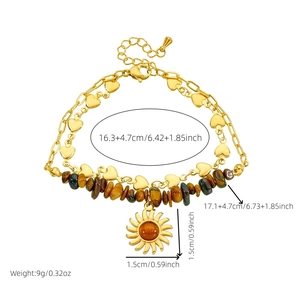Bracelet double couche en acier inoxydable doré avec perles d'oeil de tigre et soleil
