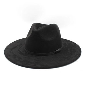 Classic black wide-brim suede fedora with stylish leather band and metal buckle detail