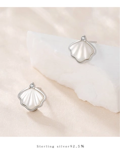 Detail of S925 sterling silver ginkgo leaf stud earring with white mother of pearl