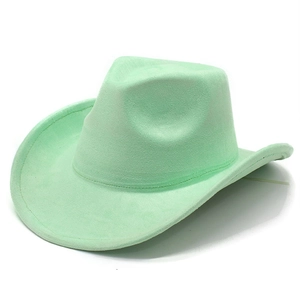 Close-up of mint green suede cowboy hat with stitched brim and wide curved edge