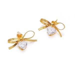 Golden bow heart stud earrings with sparkling crystals made of durable stainless steel