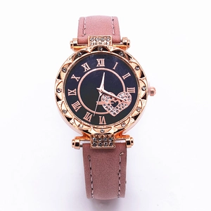 Women Quartz Watch Alloy Case Rhinestone Heart Petal Bezel Roman Numerals Faux Leather Strap Elegant Fashion Wristwatch