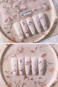 Detailed 5D embossed nail art sticker featuring pink spring flower designs and 3D texture