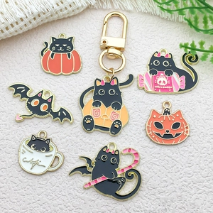 Halloween enamel charms featuring black cats and pumpkins for DIY jewelry making