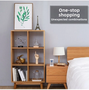 Detail of Nordic wooden six-grid bookshelf and two-drawer bedside table with solid wood legs