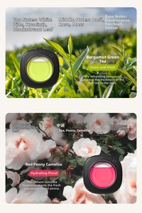 Detail view of car fragrance diffuser showing Bergamot Green Tea and Red Peony Camellia scents