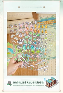 Detailed 3D Suzhou garden stickers featuring ancient architecture on transparent PET