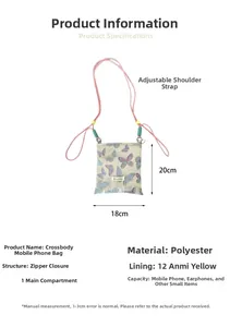 Detailed dimensions of the white crossbody bag with butterfly patterns and pink strap