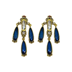 Vintage gold drop earrings with blue teardrop crystals and colorful gemstones in pairs
