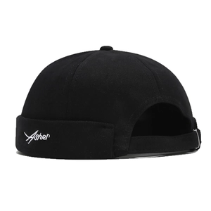 Unisex black brimless Docker cap with white Asher embroidery and adjustable metal strap