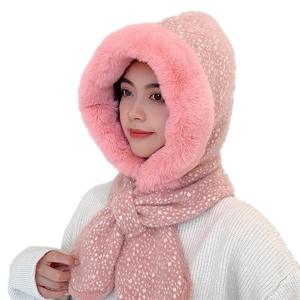 Pink polka dot hooded scarf for women with plush faux fur trim for winter warmth