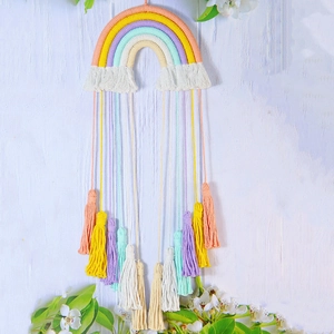 Handmade woven cotton rainbow wall hanging with colorful tassels for home wall decoration