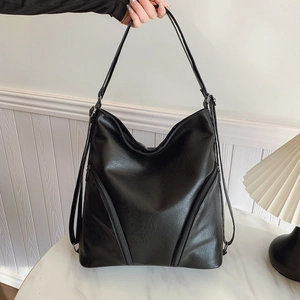 Classic black PU leather hobo bag with pebble texture and large capacity design