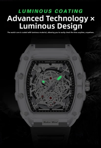 Close-up of luminous hands on a transparent tonneau quartz watch with hollow dial