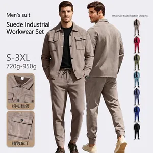 Men Faux Suede Shacket And Pants Top And Bottom Solid Color Heavyweight American Style Casual Outfits For Autumn