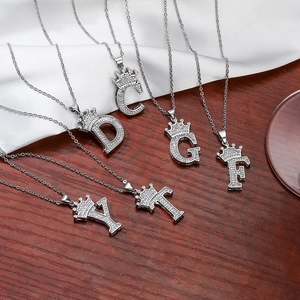 Silver crown initial necklace with sparkling rhinestones for women jewelry