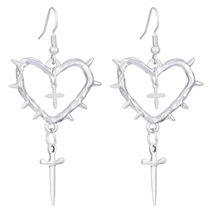 Gothic silver earrings featuring thorn hearts, crosses, and dagger charms on white background