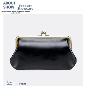 Detailed front view of a vintage black leather kiss-lock clutch with brass frame