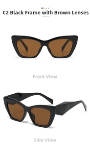 Detail view of square cat eye sunglasses in black frame with brown lenses C2 style