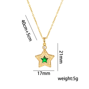 Gold star pendant necklace with green crystal and size specs of 21x17mm for women