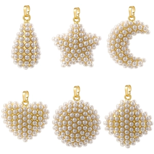 Set of six gold-plated pendants in assorted shapes featuring elegant white pearls