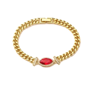 Elegant gold Cuban chain bracelet with marquise red gemstone and zircon accents