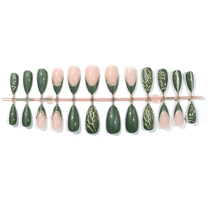 3D embossed dark green cat eye press-on nails with gold floral details and French tips